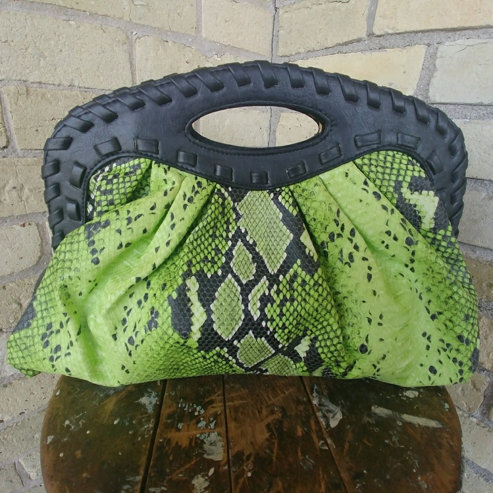 Acid Green/Black Faux Snake Clutch